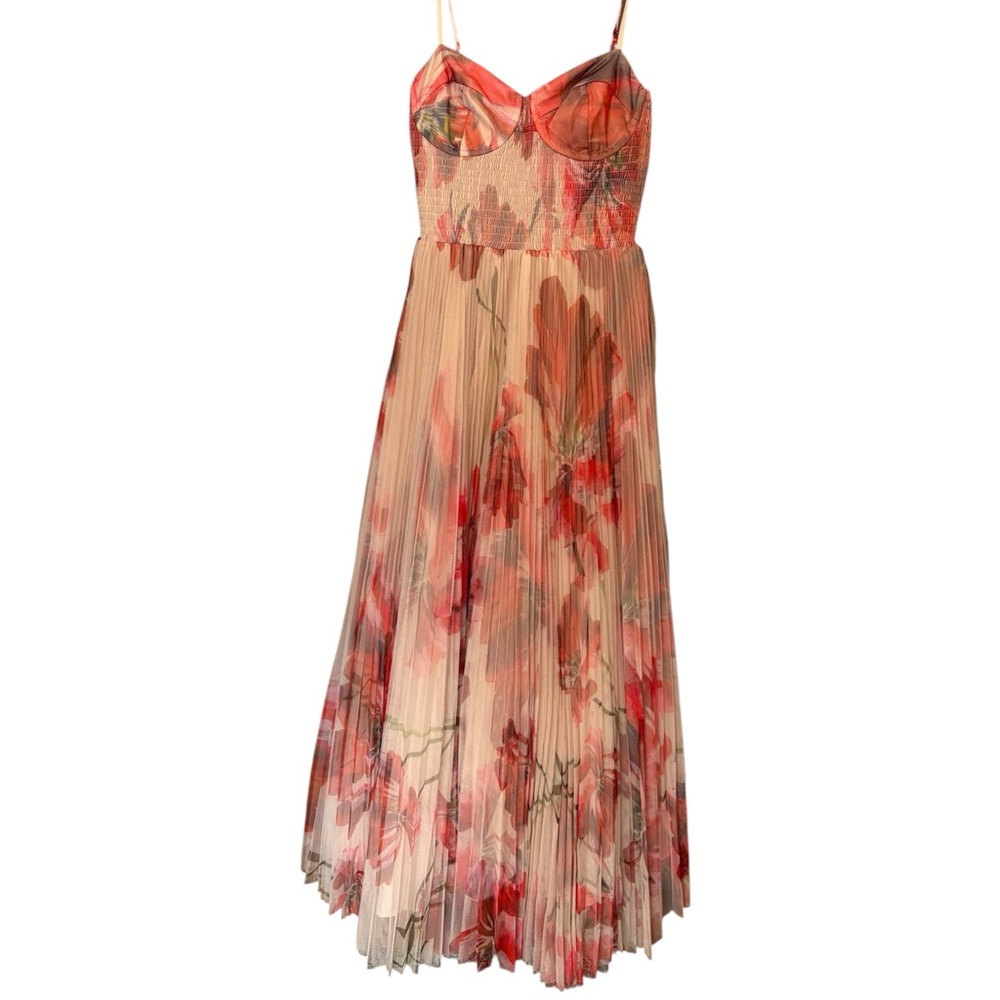 Anthropologie Brand Hutch Bustier Smocked Waist Tulle Maxi Pleated Gown Taupe S